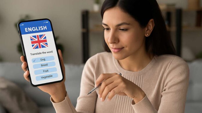 Mujer hispana aprendiendo inglés en casa con una app móvil en Estados Unidos