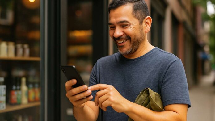 Hispano en EE.UU. enviando dinero a su familia en Latinoamérica desde una app móvil