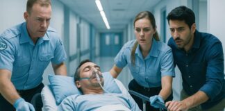 Atención médica inmigrantes sin papeles en EE.UU. Paramédicos transportan a una persona latina en camilla por el pasillo de emergencias de un hospital en Estados Unidos, acompañados por un familiar angustiado.