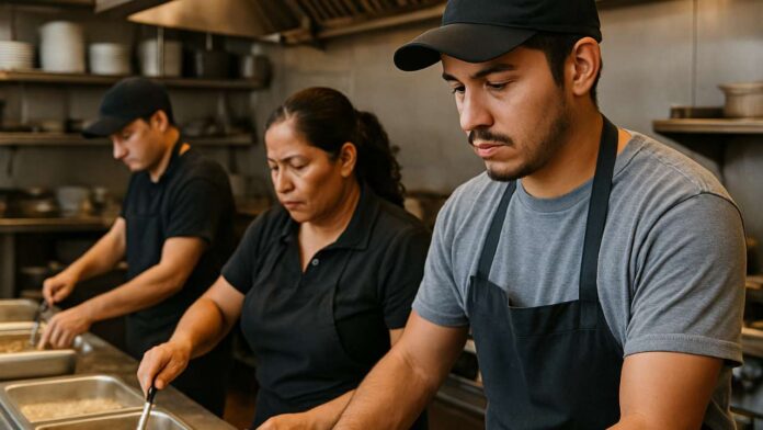 Trabajadores hispanos desempeñando labores en un restaurante de EE.UU., reflejando esfuerzo y profesionalismo