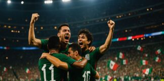 Selección Mexicana rumbo al Mundial 2026: ¿Renace la esperanza tras años de desilusión? Jugadores de la selección mexicana celebran un gol en un estadio lleno, rumbo al Mundial 2026