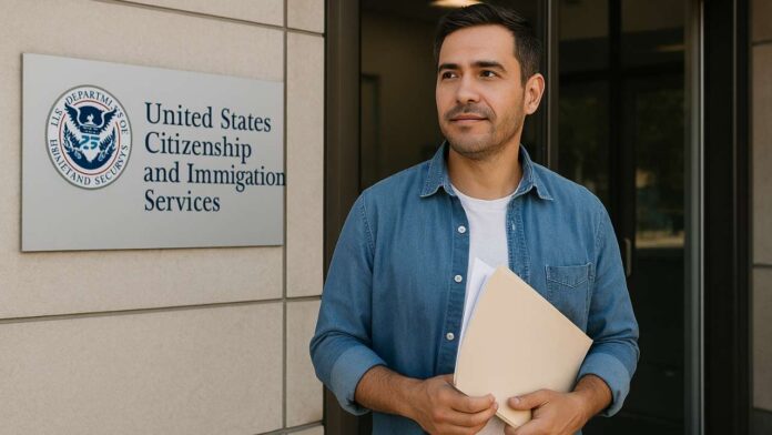 Inmigrante hispano sosteniendo documentos afuera de una oficina de USCIS tras solicitar TPS en EE.UU.