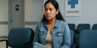 Atención médica a pacientes indocumentados en EE.UU. será limitada por nueva política Mujer inmigrante en una sala de espera médica en EE.UU., con rostro preocupado, sosteniendo documentos.