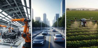 inteligencia artificial y el futuro del trabajo: Riesgo y Oportunidad para Latinos Collage de tres imágenes mostrando el impacto de la inteligencia artificial: robots en una fábrica de autos, coches autónomos en una ciudad y un dron fumigando un campo agrícola.