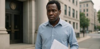 Permanent residents enfrentan deportación por supuesta conexión con pandillas haitianas Hombre inmigrante con expresión de preocupación al salir de un edificio gubernamental en EE.UU., con papeles en mano