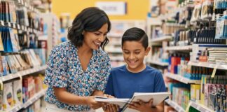 Ahorrar en el Regreso a Clases 2025: Ofertas, Cupones y Consejos Madre e hijo hispanos sonriendo mientras eligen cuadernos de una lista, preparándose para ahorrar en el regreso a clases de 2025.