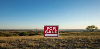 Ley de Texas Prohíbe Comprar Propiedades a China y Rusia: ¿Qué Significa? Letrero de "Se Vende" en un terreno de Texas, simbolizando la nueva ley que prohíbe a entidades de China y Rusia comprar propiedades en el estado