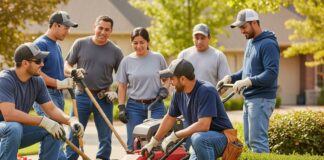 Visa h2b requisitos 2026: Guía para trabajo temporal en EE.UU. Grupo de trabajadores de jardinería calificados discutiendo su trabajo, un ejemplo de empleo temporal bajo la visa H2B cuyos requisitos para 2026 se detallan en la guía.