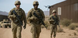 Remoción de tropas y uso militar en la frontera de EE.UU.–México: ¿Qué está pasando? Soldados estadounidenses patrullando la frontera con México, con equipo táctico y vehículos militares.