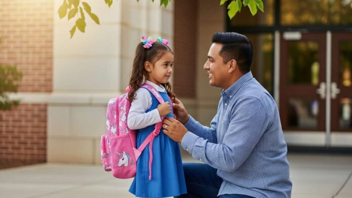 Padre hispano arrodillado y sonriendo mientras ajusta la mochila de su hija en su primer día de escuela