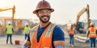 Reporte de empleos EEUU 2025: ¿Qué significa para los latinos? Un trabajador hispano de la construcción sonriendo en su lugar de trabajo, representando los sectores de empleo clave para latinos en EE.UU. en 2025.