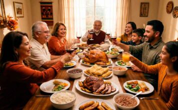 Acción de gracias para inmigrantes: Significado y Tradiciones Familia latina numerosa brindando y sonriendo alrededor de una mesa con pavo y platillos tradicionales en el día de Acción de Gracias