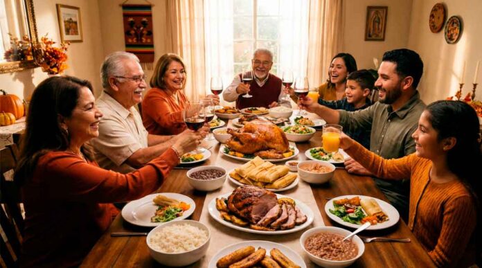 Familia latina numerosa brindando y sonriendo alrededor de una mesa con pavo y platillos tradicionales en el día de Acción de Gracias